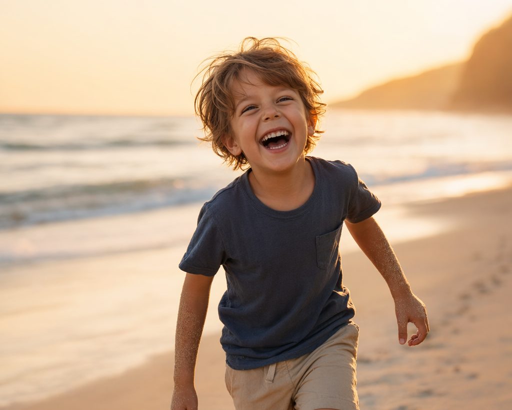 A child laughing on a sunlit beach
